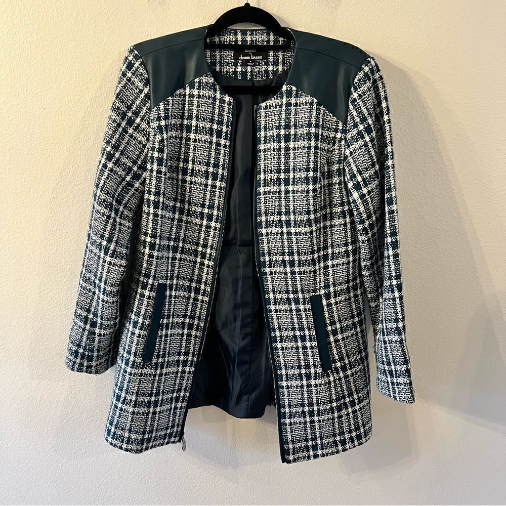 Dennis Basso Coat Womens Size 8 Tweed Zip Front Jacket Faux Leather Trim